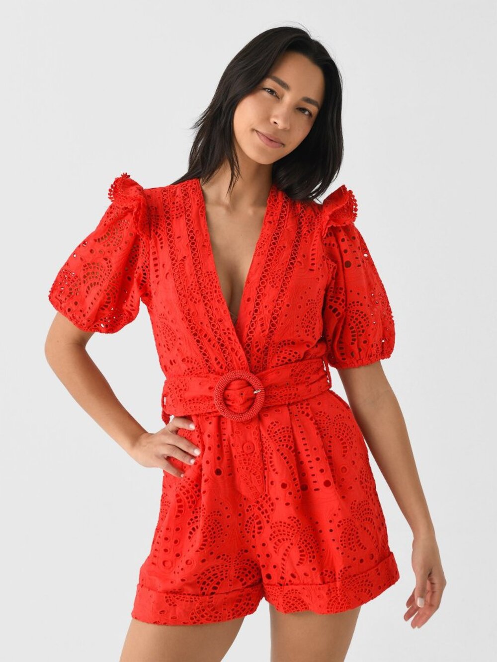 Farm Rio Red Eyelets Romper Beaded Belt L